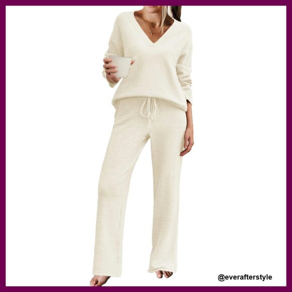 Fuzzy Fleece Pajama Set Long Sleeve Cozy Lounge Wear Wide Leg Pants